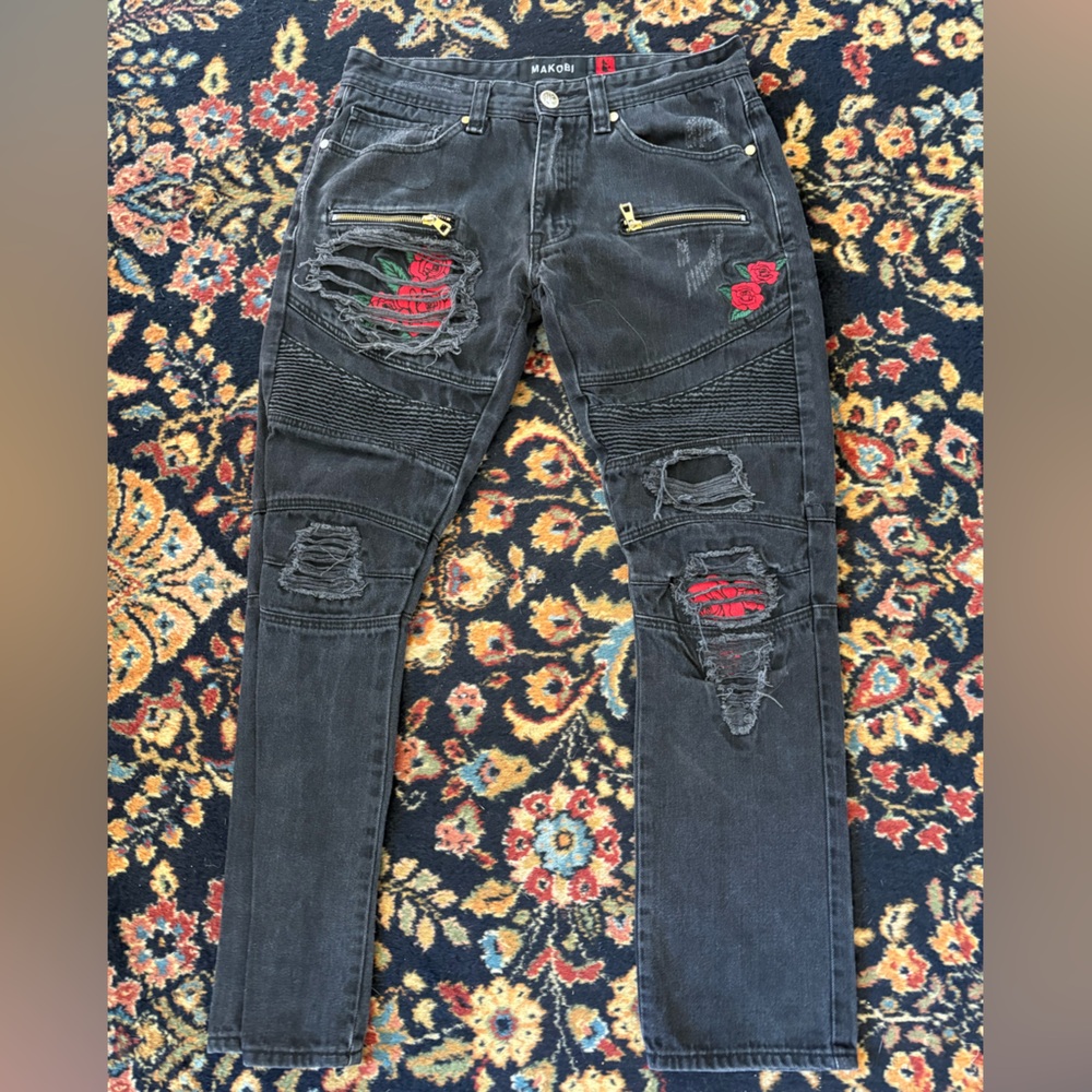 Men’s Makobi Biker Black Jeans Rose Embroidery Zip Detail Sz. 32x32
